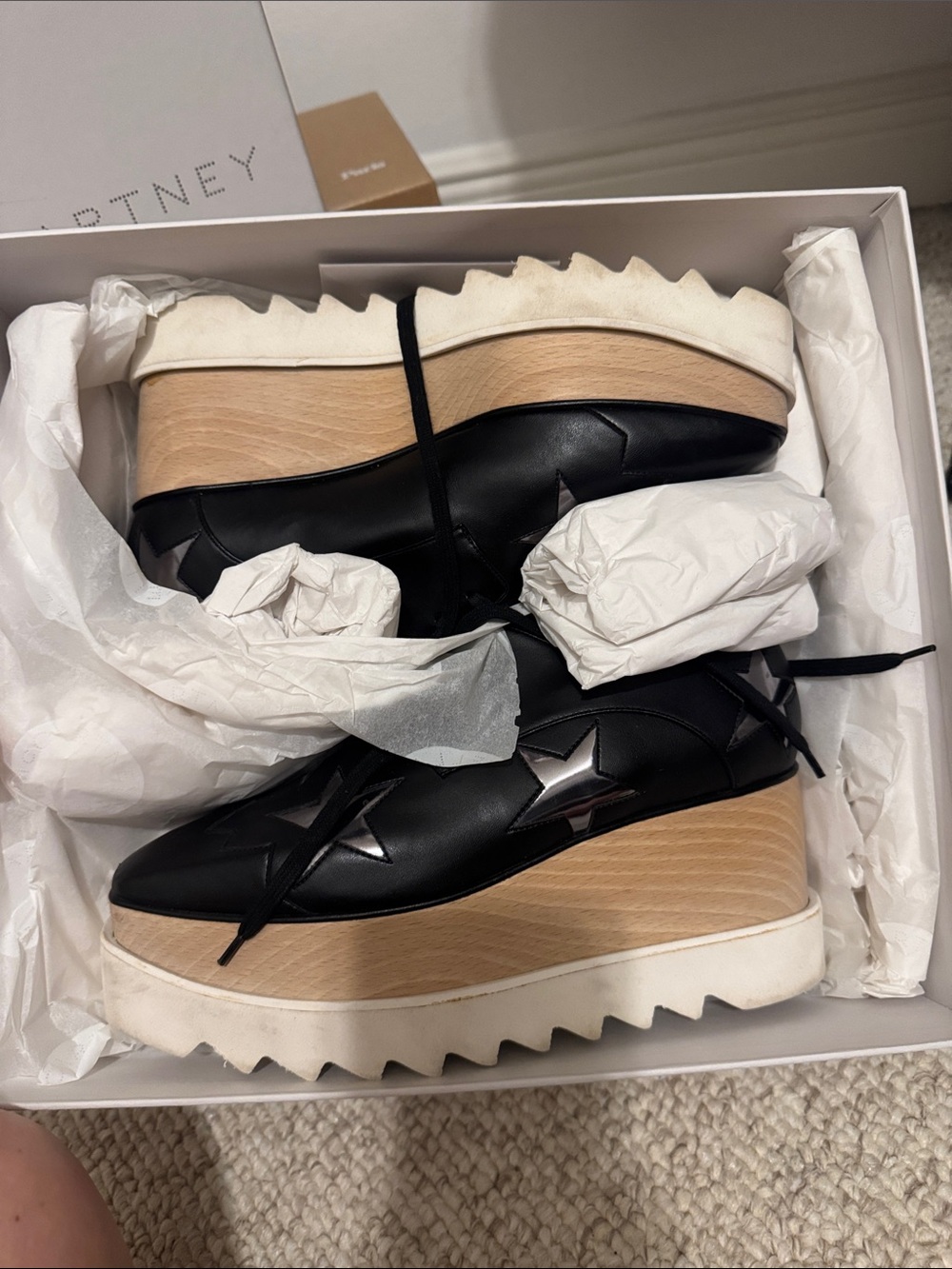 Stella McCartney Black Leather Platform Wedge Sneakers with Star Accents 38